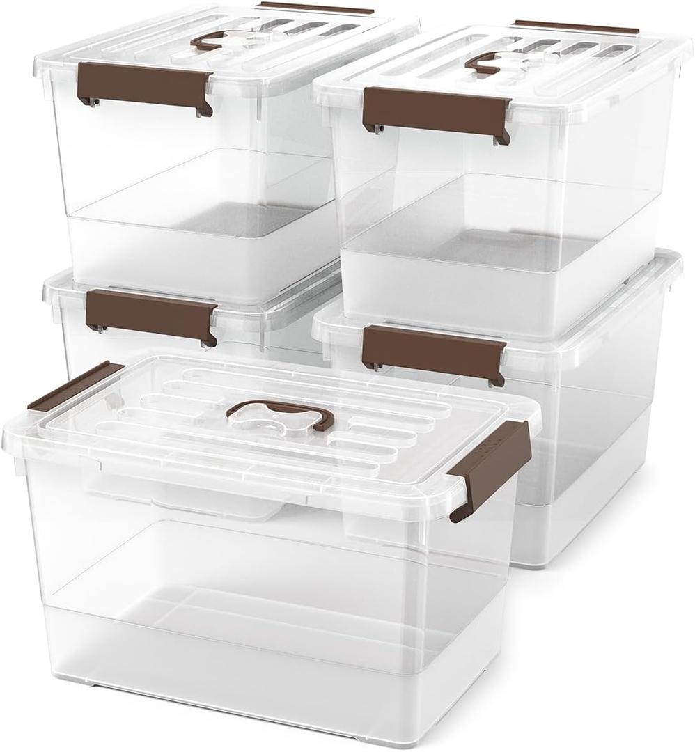 Clear 5 Packs Plastic Storage Bins with Latching Lids Large Stackable Storage Containers for Organizing Storage Box for Garage, Closet, Classroom, Kitchen.17 QT