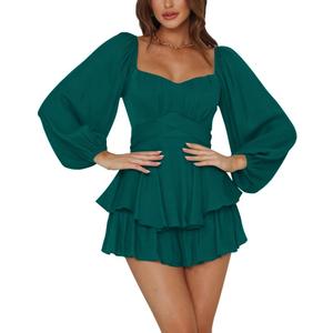 LYANER Women's Jumpsuit Lantern Long Sleeve Ruffle Layer Tie Mini Short Romper, XXL