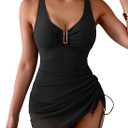 B2prity Women's Mesh One Piece Swimdress Swimsuit Tummy Control V Neck U Ring Bathing Suit Drawstring Sarong Swimwear (Black)