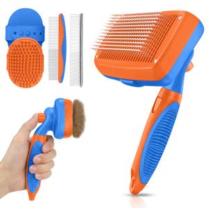 Self Cleaning Shedding Brush - 5-in-1 Professional Pet Grooming Kit Skin Friendly Grooming Tool for Dogs, Cats, and Puppies, Deshedding and Hair Removal for Long and Short Haired Pets,Blue-Orange