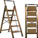 XinSunho 5 Step Ladder, Aluminum 5 Step Stool with Retractable Handrail and Anti-Slip Wide Pedal, Folding Stool Ladders 5 Steps, 330lbs Safety Household Slim Ladder (Brown Gold)