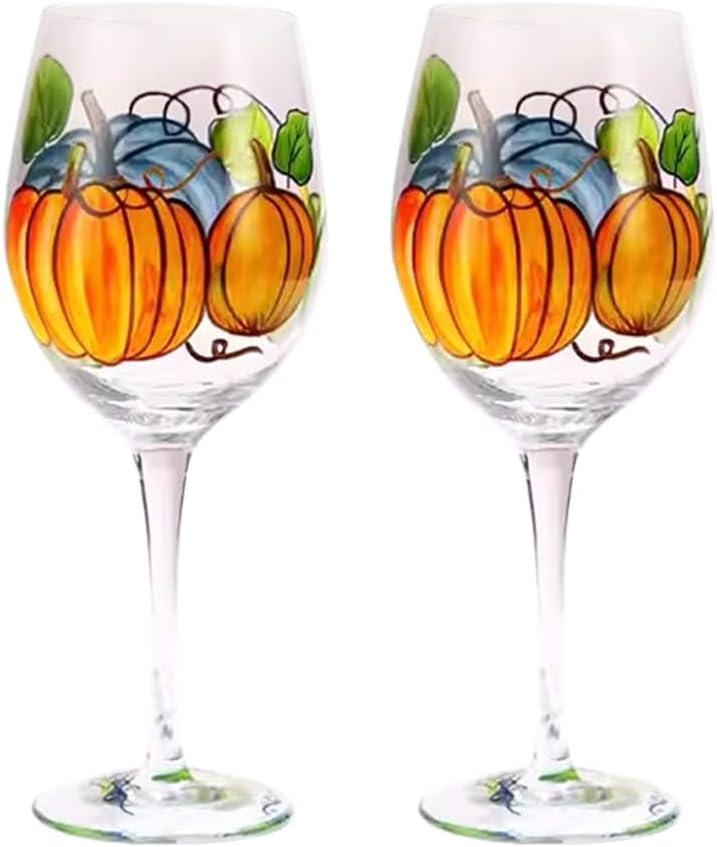 2PCS Hand Painted Pumpkin Goblets Fall Thanksgiving Wine Glass Fall Autumn table Decor Fall Wine Glasses with Stem for Thanksgiving Hostess Perfect Gifts (Pumpkin-A), general