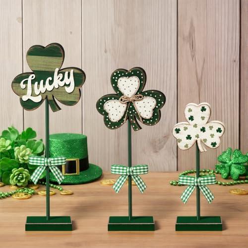 Yousoontic 6 Pcs St. Patrick's Day Decorations Shamrock Wooden Sign Farmhouse Irsh Clover Table Decor Rustic Distressed St Patricks Tall Standing Centerpiece for Home Mantle Shelf Tiered Tray Decor