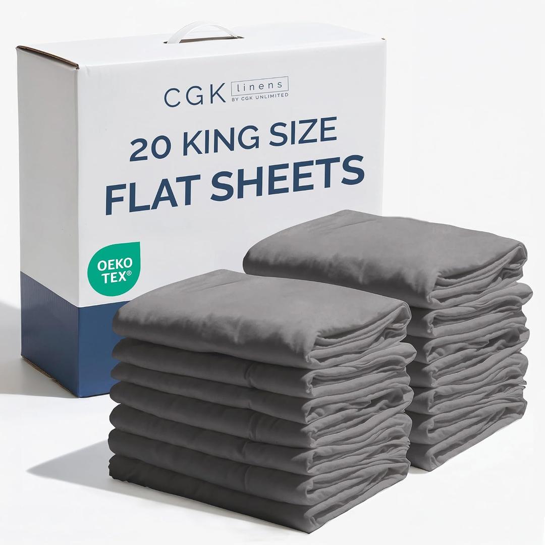 Bulk Case Pack of 20 Flat Sheets - (20) King Size Hotel Quality Top Flat Bed Sheets Only - Wholesale Bulk Bedding for Hotels, Spas & Airbnbs - Breathable, Cooling & Wrinkle Free - (King, Dark Grey)