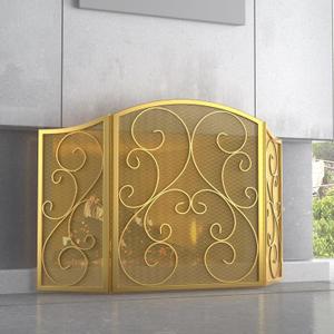 Fire Beauty Fireplace Screen 3 Panel Wrought Iron Metal 48"(L) x30"(H) Spark Guard Cover(Golden Dusting)