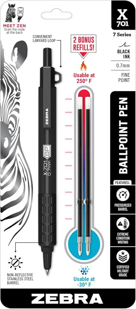 Zebra Pen X-701 Tactical Ballpoint Pen And Refills, Fine Point, 0.7mm, Black Ink, 1 Pen And 2 Refills (29811)