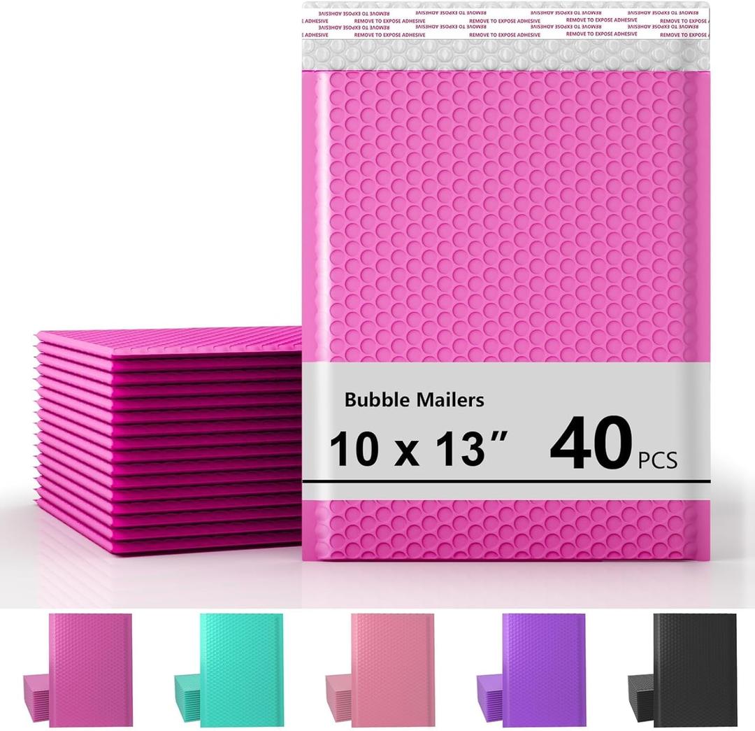 10 x 13 Inch Bubble Mailer 40 Pack, Waterproof Padded Envelopes with Strong Self-Seal Adhesive, Cushioning Shipping Bags with Bright Color for Small Business - Hot Pink