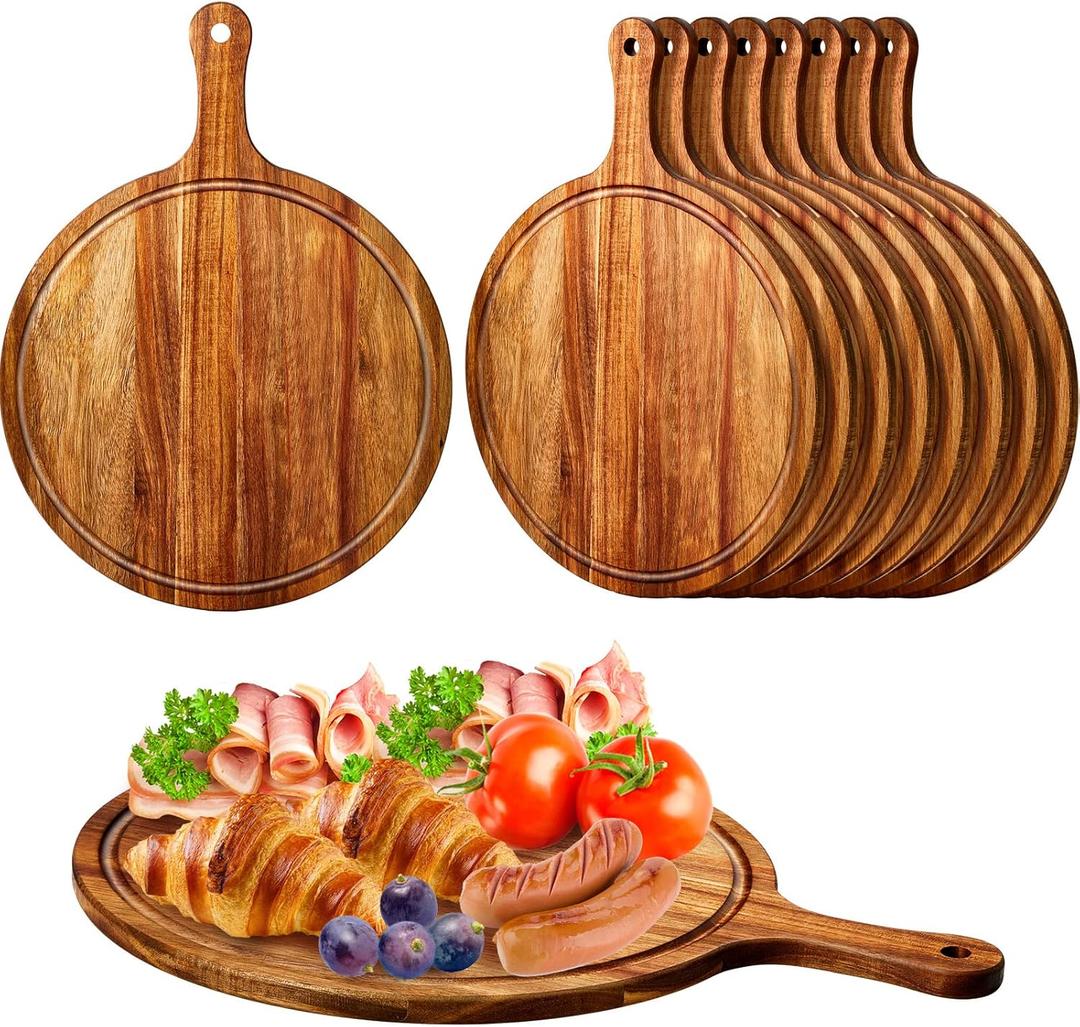 Nuenen 10 Pcs Round Wood Cutting Board with Handle Acacia Wooden Serving Kitchen Chopping Boards for Pizza, Bread, Cheese, Charcuterie, Fruit, Vegetables (Acacia)
