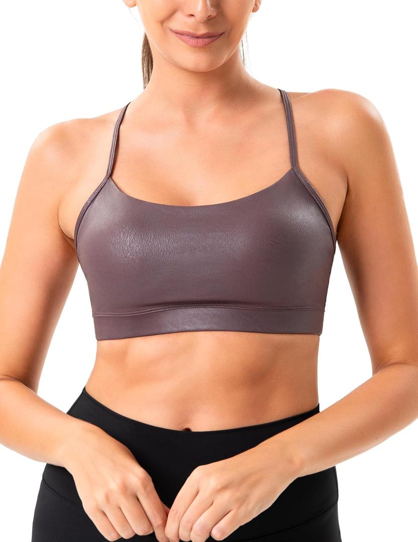YUNOGA Women's Y Back Matte Faux Leather Sports Bras Padded Racerback Spaghetti Thin Strap Support Workout Yoga Bra (Large, Brown)