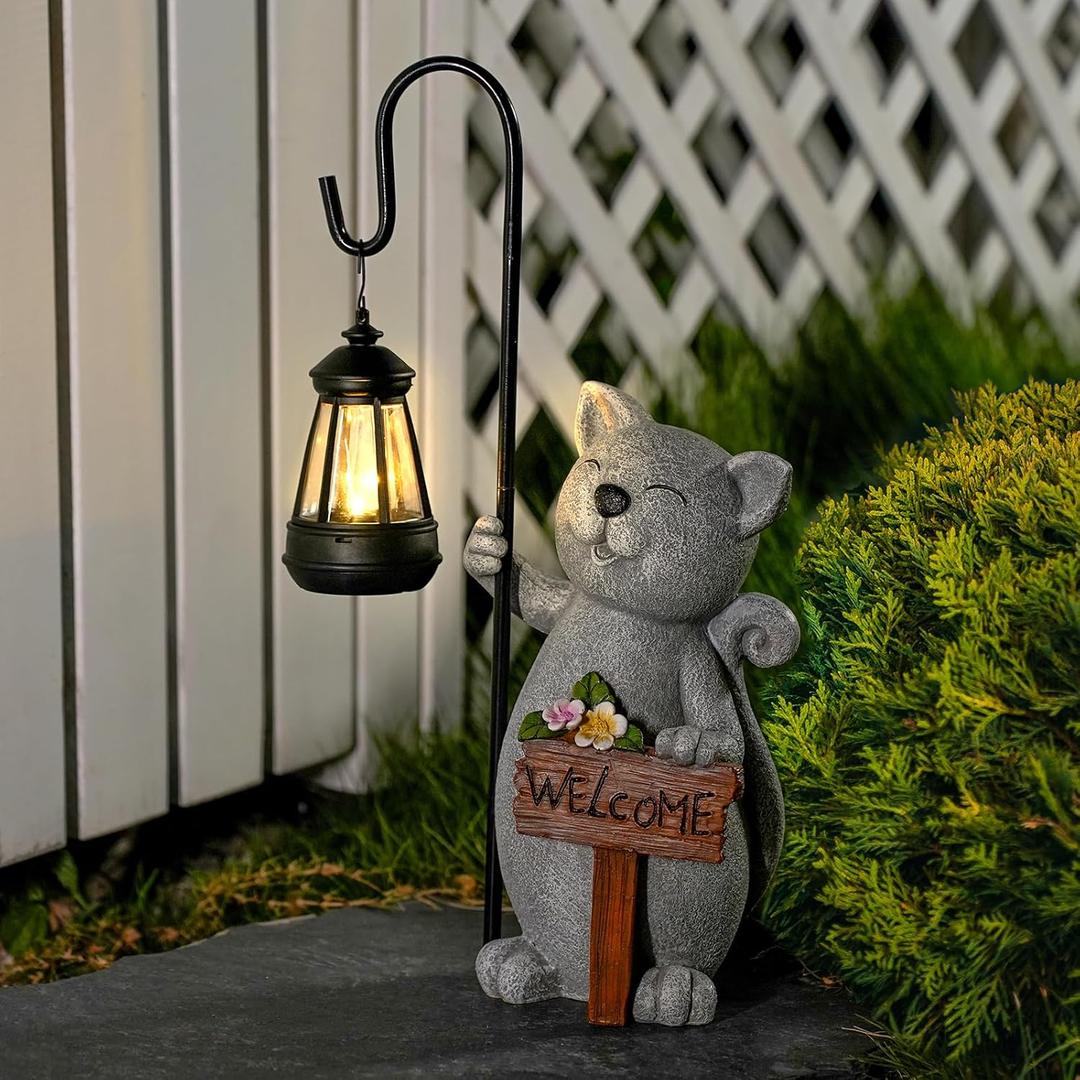 Solar Cat Outdoor Garden Lights Solar Powered Lantern Resin Statue for Outside Balcony Garden Decor Gift for Grandma Women 18 * 5.58 * 9 inch (Gray Lantern Cat)