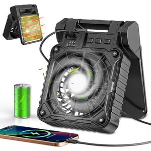 Solar Camping Fan 10400mAh, Solar Powered Fan with LED Lantern, 7W Rechargeable Battery Operated Fans for Outside, 4 Speeds, 2-8H Timer and Quiet Battery Powered Solar Tent Fans for Outdoor, Barbecue (Black)