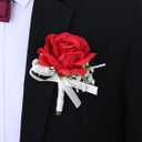 MAFELOE 2 Pieces Party Prom Homecoming Artificial Rose Wrist Corsage and Boutonniere Set, Groom Groomsmen Bride Bridesmaids Wedding Simulation Flowers Accessories Suit Decorations - Red