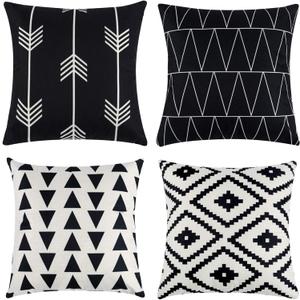 Tosewever Set of 4 Decorative Geometric 18 x 18 Inches Throw Pillow Covers - Modern Pattern Linen Square Pillow Cushion Case for Sofa Couch Bed Home Outdoor Car (18" x 18", Black)