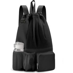 Swim Bag with Wet Pocket, Mesh Drawstring Backpack for Beach, Swimming, Snorkeling, Pool, Gym for Women Men (Black)
