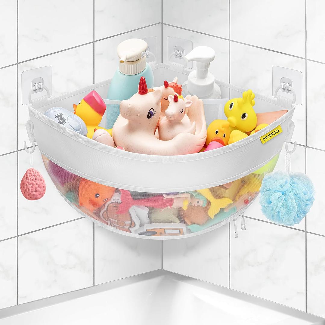 Bath Toy Storage Corner Wall Mounted, 4.32 Gallons Bath Toy Holder, Bottom Zipper Mesh Bathtub Toys Storage Organizer Bag, Quick Access Baby Shower Caddy Quick Dry Bathtub Toys Holder Accessory
