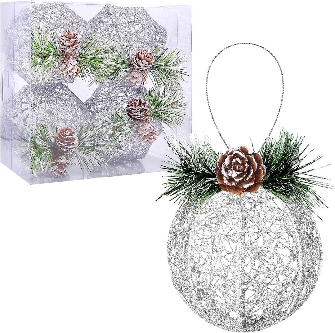 Christmas Ball Ornaments, 4pc Set Silver Pinecone Rattan Thread String Christmas Tree Ornament Xmas Trees Wedding Party Decorations