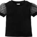 OPAWO Toddler Girl Shirts, Puff Dot Sleeve Baby Tee Shirt, Ribbed Short Sleeve T-Shirt, Solid Color Girls Tshirt Tops, 2T(Black,2-3Years)