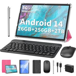 2025 Tablet, Android 14 Tablets 10 inch with Keyboard, 26GB RAM+256GB ROM(2TB Expand), 2-in-1 Tablets with 8-Core, 8000mAh, 5G WiFi, Widevine L1, GMS, with Case, Keyboard, Mouse, Stylus (Pink)