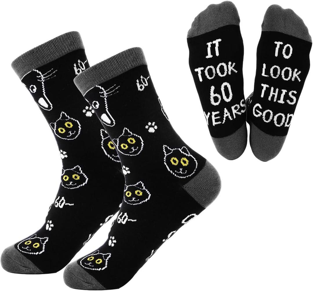 Cat Socks for Women - 60th Birthday Gifts Party Favors for Women, Novelty Cute 60 Year Old Birthday Decorations, Black Gift Idea for Cat Lovers, Funny Gifts for Mom Grandma