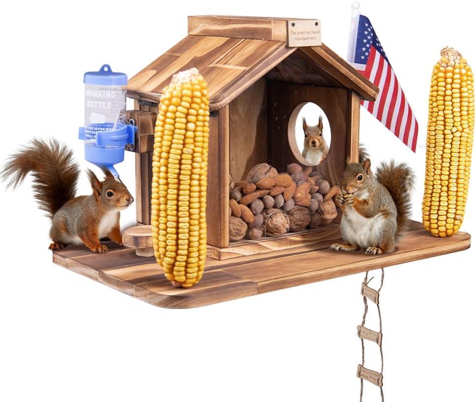 Squirrel Feeder for Outside,Durable Wooden Squirrels Feeder Platform,Squirrel Houses Picnic Table with Flag&Wooden Ladder,with Squirrel Water Feeder and Stools,Fun Squirrels Houses for Garden Yard