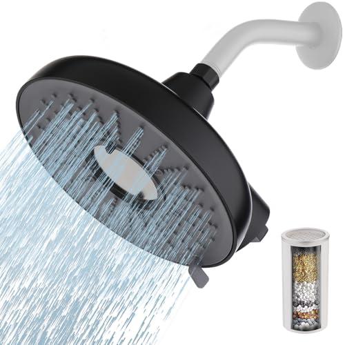 Filtered Shower Head, 8 Inch High Pressure Rainfall Showerhead and 15 Stage Shower Filter Combo for Hard Water, 360° Adjustable Swivel, 3 Spray Modes (Black)