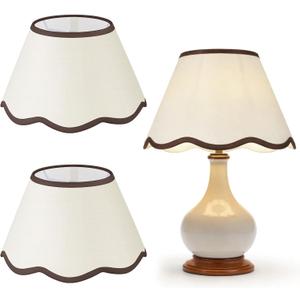 VIHOSE 9.4'' Bottom x 5.9'' High x 5.1'' Top Set of 2 Beige Lamp Shade with Petal Edge, Fabric Chandelier Scalloped Lampshade, for Floor Wall Lamps Table Bedroom Living Room(Brown Edge)