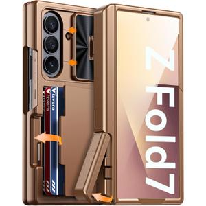 Vizvera for Samsung Galaxy Z Fold 7 Case RFID Wallet with Cards Holder[Kickstand][Camera Cover] Shockproof Silicone Protective Phone Case for Z Fold 7 2025-Desert Gold