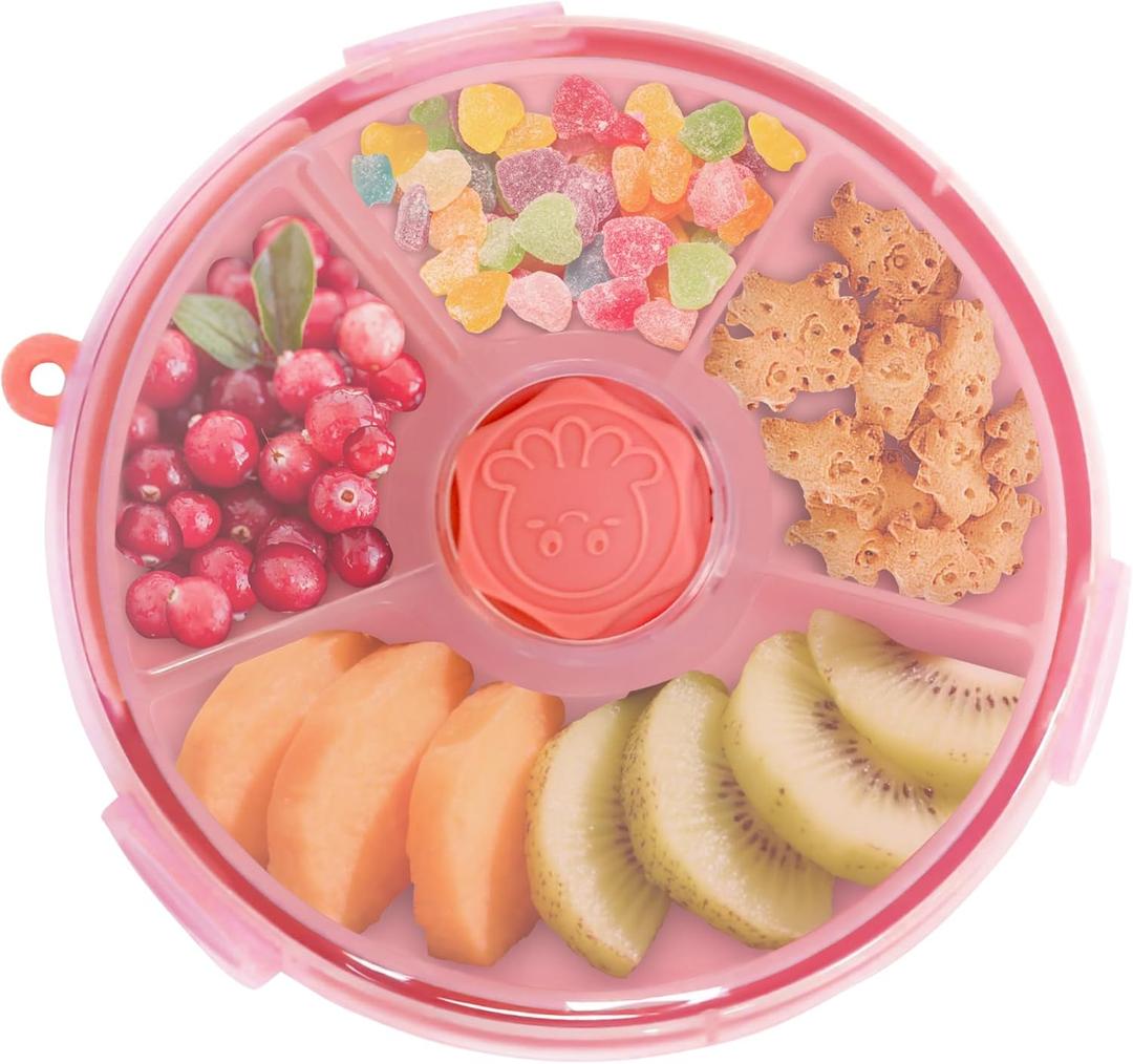 KingKam Kids Snack Spinner Containers, Reusable Toddler Spin Snack Container Box with 4 Compartments & Lid for Travel On-The-Go Snacking, BPA Free | No Spill | Dishwasher Safe | Strap and Sticker
