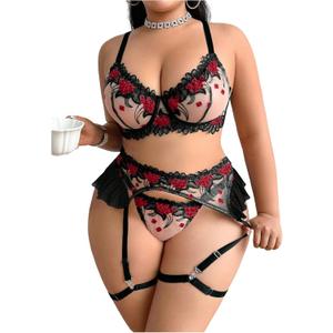 OYOANGLE Women's Plus Size 2 Pieces Lingerie Set Floral Embroidery Underwire Bra and Panty Babydoll Teddy Boudoir Outfit (X-Large Plus, Black)