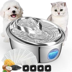 ORSDA Stainless Steel Cat Water Fountain, 100oz/3L Automatic Pet Drinking Fountain, Dog Water Dispenser Bowl with LED Window for Cats and Small & Medium Dogs- 12Pcs Filters D66