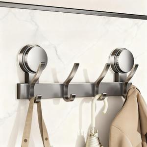 4 Dual Suction Cup Hooks Bar, Bathroom, Kitchen, Home, Glass, Mirror, Tile. Reusable, ABS+Aluminium, Waterproof, Rustproof, No Drill. Hang Towel, Robe, Loofah, Sponge, Coat (Gray, 4 Hooks)