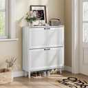 Shoe Storage Cabinet with Handmade Rattan Drawers, Freestanding Shoe Organizer Cabinet with Solid Wood Legs, Narrow Shoe Cabinet Storage for Entryway, Rustic Slim Shoe Rack Cabinet (White) (Width - 31.5 inches)