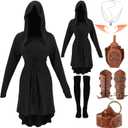 7PCS Renaissance Medieval Costume Women, Hooded Fairy Dress Lace Up Outfits with Vintage Arm Pouch Belt Faux Leather (Black, M)