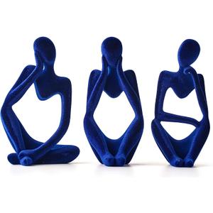 FJS Living Room Decor: Flocked Thinker Statue, 4.7" H Navy Blue Abstract Art Sculpture - Set of 3 for Home, Office, Shelf, Table Decoration