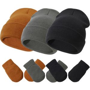 Baby Hats and Mittens Set Infant Toddler Beanie Caps Hospital Hat Set Newborn Gloves for Baby Boys Girls (3-18 Months, Black/Dark Grey/Caramelno Thumbs)