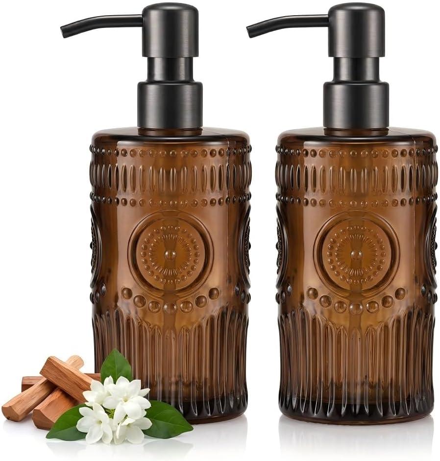 17 OZ Sunflower Embossed Glass Soap Dispenser - 2 Pack, with 304 Rust Proof Stainless Steel Pump, Glass Soap and Lotion Dispenser Set, Liquid Hand Soap Dispenser for Home, Kitchen & Bathroom (Amber)