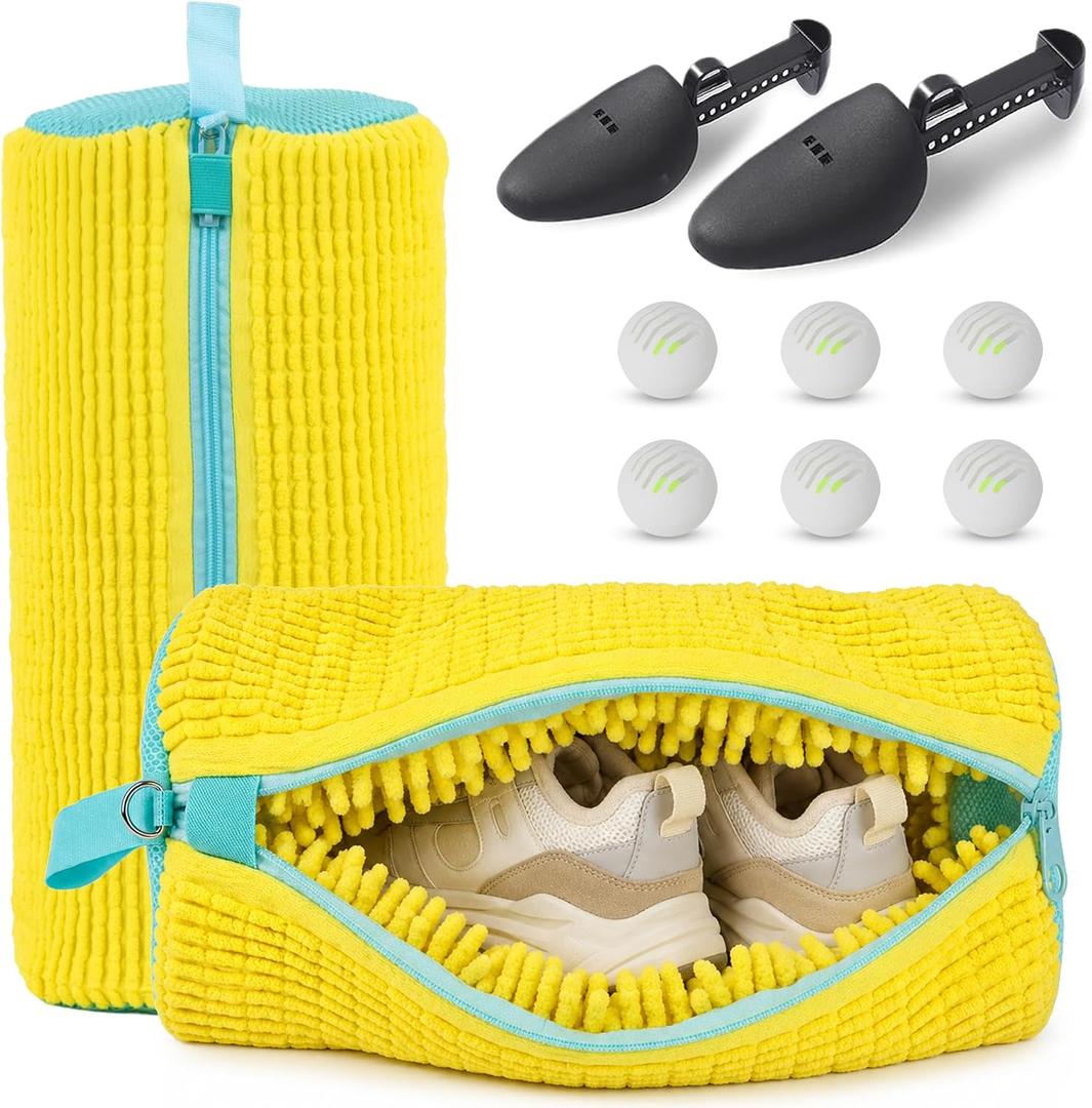 Shoe Washing Machine Bag 2Pcs Shoe Cleaning Laundry Bags for Sneakers | Shoe Trees and 6 Deodorizer Balls Included, Secure Zip Lock Sneaker Washing Machine 360 Deep Shoe Cleaning Bag