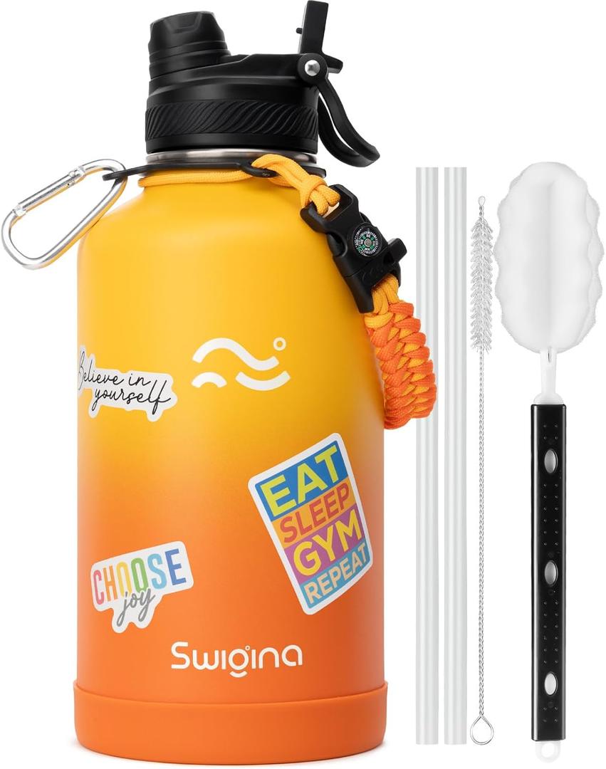 [2-IN-1 LID] 64 oz Insulated Water Bottle with Silicone Boot (48hrs Cold/24hrs Hot) - DIY Stickers, Leakproof, BPA Free, Half Gallon (Yellowish Orange)