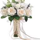 GLIDLION Wedding Bouquets Large for Bride Bridesmaid,White Champagne Artificial Roses Flowers for Wedding Church Decoration (9.5in)