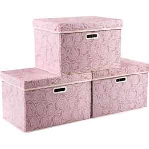 PRANDOM Larger Collapsible Storage Boxes with Lids Fabric Decorative Bins Cubes Organizer Containers Baskets Handles Divider for Bedroom Closet Living Room Pink 17.7x11.8x11.8 Inch 3 Pack
