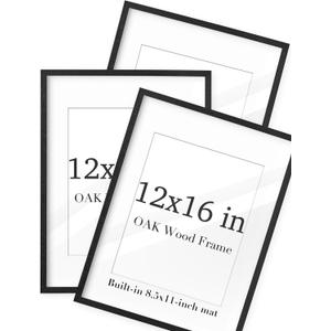 UPWOIGH 12x16 Black Color Oak Wood Picture Frame Set of 3,Display Pictures 8.5x11 with Mat or 12x16 Without Mat,12x16in Poster Frames 3 Pack, Natural Solid Wooden Frame for Wall Art Photo and Prints