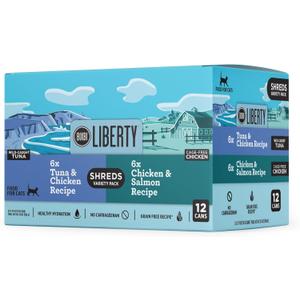BIXBI Liberty Wet Cat Food Shreds Variety Pack Featuring Chicken/Salmon Recipe & Tuna/Chicken Recipe (2.75 Ounce Cans, Case of 12) (EXP 01/13/29)