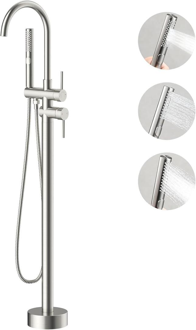 Free Standing Bathtub Faucet Set: SR SUN RISE Floor Mount Tub Filler with 3-Function Handheld Shower Head, Brushed Nickel High Flow Brass Freestanding Shower Faucet