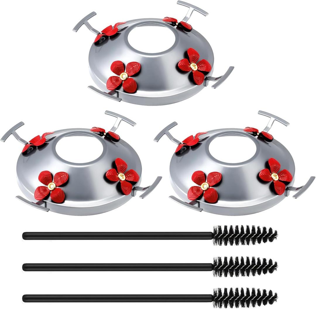 Geelin 3 Pack Hummingbird Feeder Bottom Base Replacement Parts Set Metal Top Hummingbird Feeder Accessories for Bird Feeders Base Metal Top Cover 4 Perches 4 Flower Ports and Brush Only(Silver)