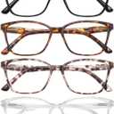 Przene 4 Pack Blue Light Blocking Reading Glasses,Readers for Women and Men with Spring Hinge (Black/Demi Brown/Leopard/Transparent)