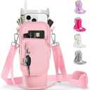 linmaya Water Bottle Carrier Bag for Stanley Cup 40/30oz with Phone Holder Pockets,Neoprene Water Bottle Cross-body Bag with Adjustable Shoulder & Hand Strap Stanley Cup Accessories (pink)