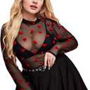 WDIRARA Women's Plus Size Floral Print Sheer Mesh Top Round Neck Long Sleeve Blouse (XX-Large Plus, Black Lip)