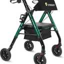 Rollator Walker with Seat and Brakes, 300 lbs Adults Bariatric Walker for Seniors with Extra Wide Backrest, Lightweight Folding Adjustable Height, All Terrain Rolling Walker 8 Inch 4 Wheels