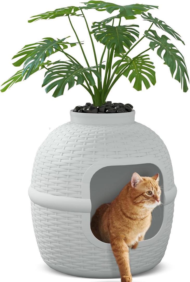 Hidden Box with Faux Plant, Large Cat Litter Box with Rattan Pattern, Heavy Duty PP Material Litter Box Enclosure Furniture for Home Decor, Light Grey