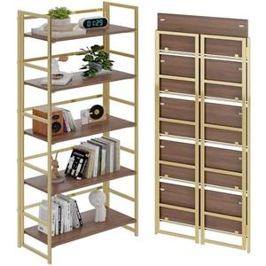 BHG Vintage Multifunctional Folding Bookshelf,5 Tier No-Assembly Plant Stand Storage Rack Shelves for Home Office (Brown&Gold, 5-Tier)
